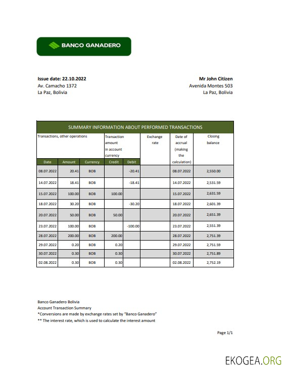 Modèle de relevé bancaire Bolivie Banco Ganadero au format Excel et PDF